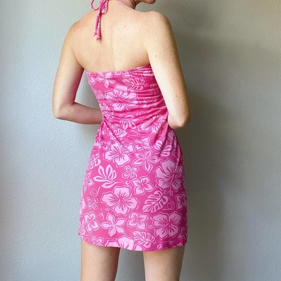 Vintage Y2K Pink Hawaiian Flower Halter Mini Dress - Picture 3 of 7